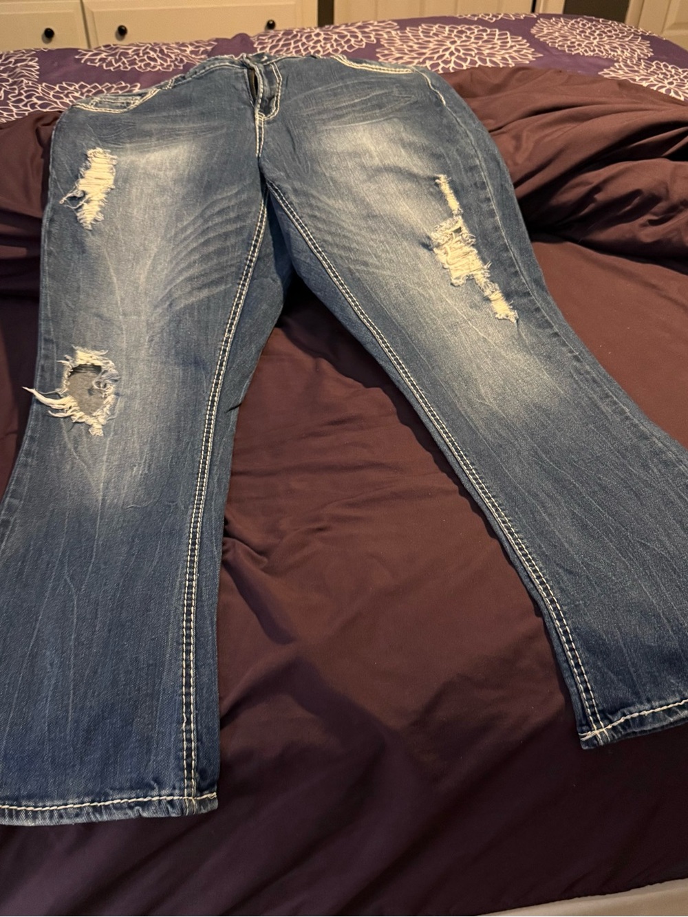 Vanilla Star Women's Distressed Mid Blue Bootcut Jeans
